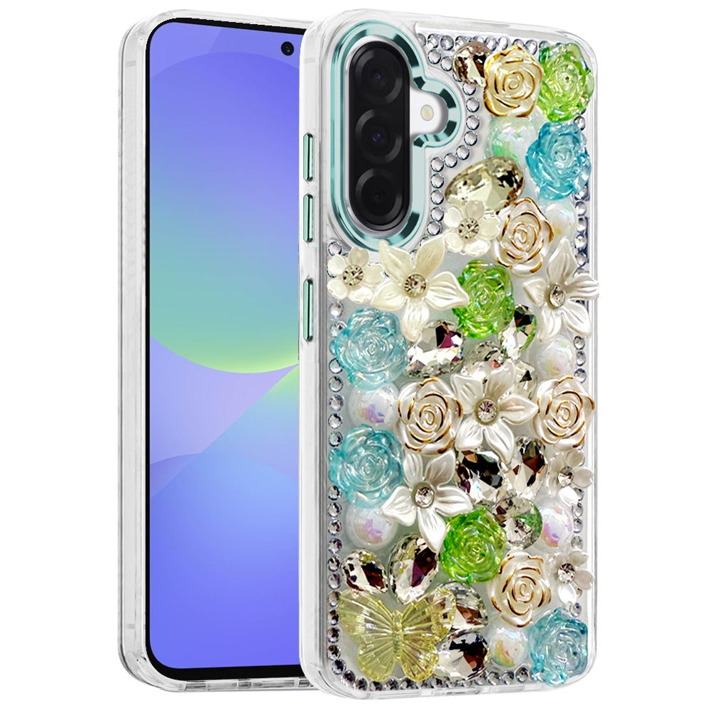For Samsung Galaxy A37 3D Diamond Floral Roses Flower Bling Stone Hybrid, Sparkly Rhinestone Gemstone Back Shockproof Case Cover