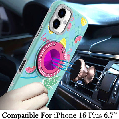 For Apple iPhone 16 Plus Pattern Design Hybrid with Invisible Ring Stand & Magnetic Back, Shockproof Protective Grip Case Cover Pineapple Love Vibe