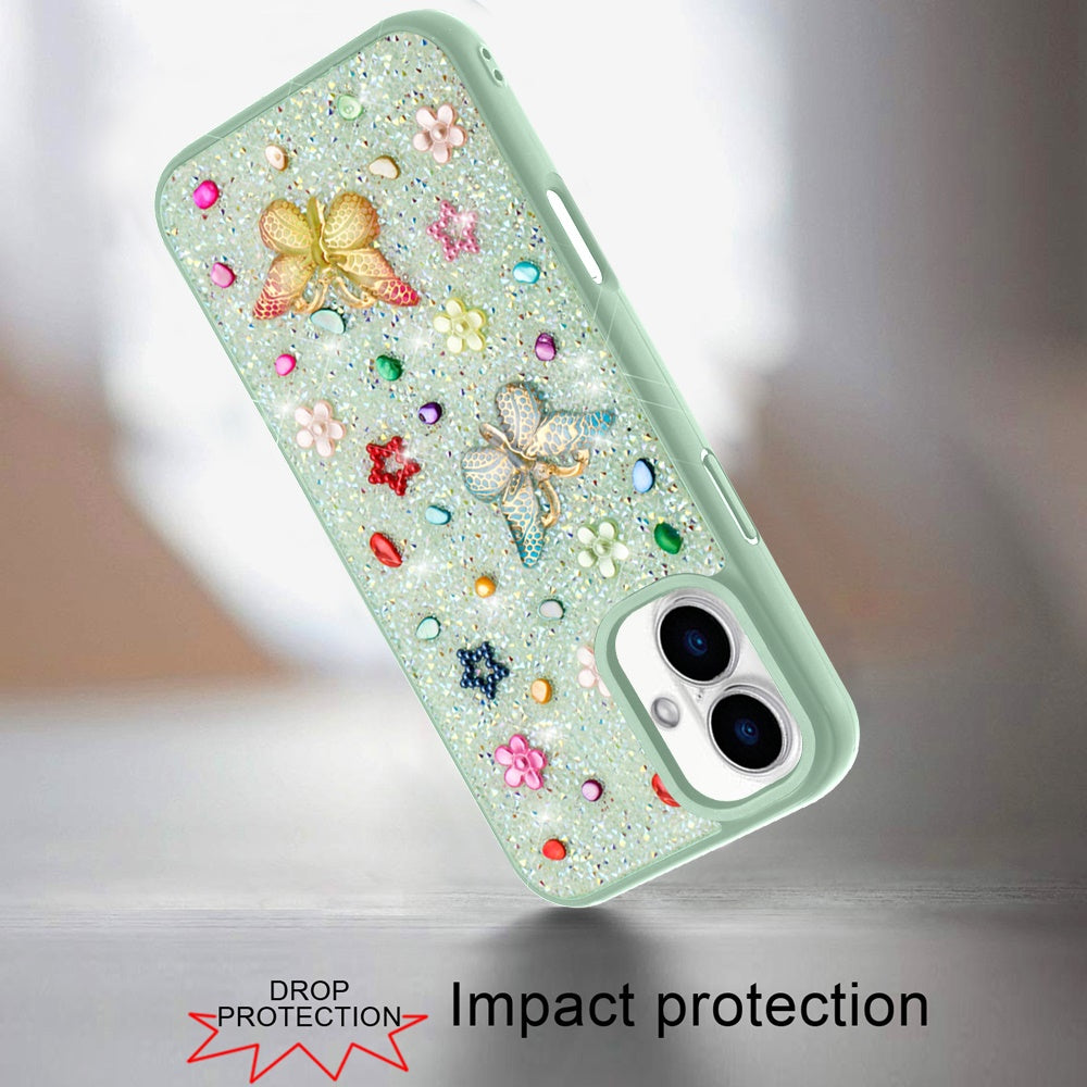 For iPhone 16 (6.1") Diamond Butterfly 3D Glitter Bling Design, Slim Hybrid Sparkle Protective Cover TPU for Women Girls Case Cover Teal