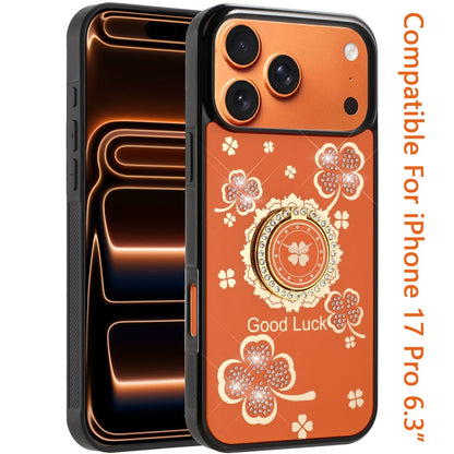 For Apple iPhone 17 Pro (6.3") Diamonds 3D Fashion Bling Sparkly Glitter Ornaments Engraving Hybrid with Ring Stand Case Cover