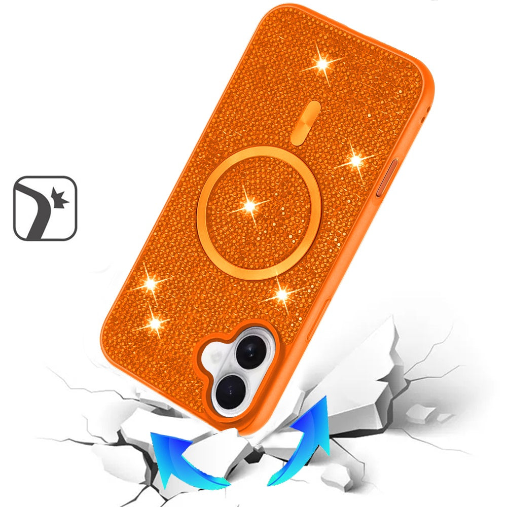 Phone Case for Apple iPhone 17 Magnetic Bling Diamond Sparkle Hybrid Shockproof Rugged Grip Durable Protection Anti-Slip Armor Design Cover Cosmic Orange