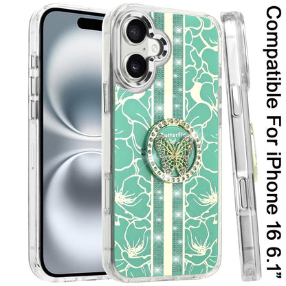 For iPhone 16 (6.1") Diamonds 3D Butterfly Floral Design Bling Sparkly Glitter Hybrid Metal Fashion with Ring Stand Case Cover