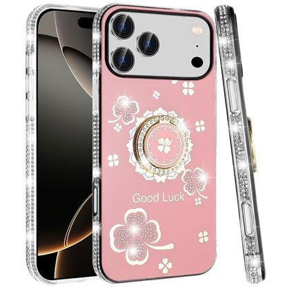 For Apple iPhone 17 Pro (6.3") Diamonds Bling All Around Edges Sparkly Glitter Hybrid with Ring Stand Holder Fashion Good Luck Case Cover