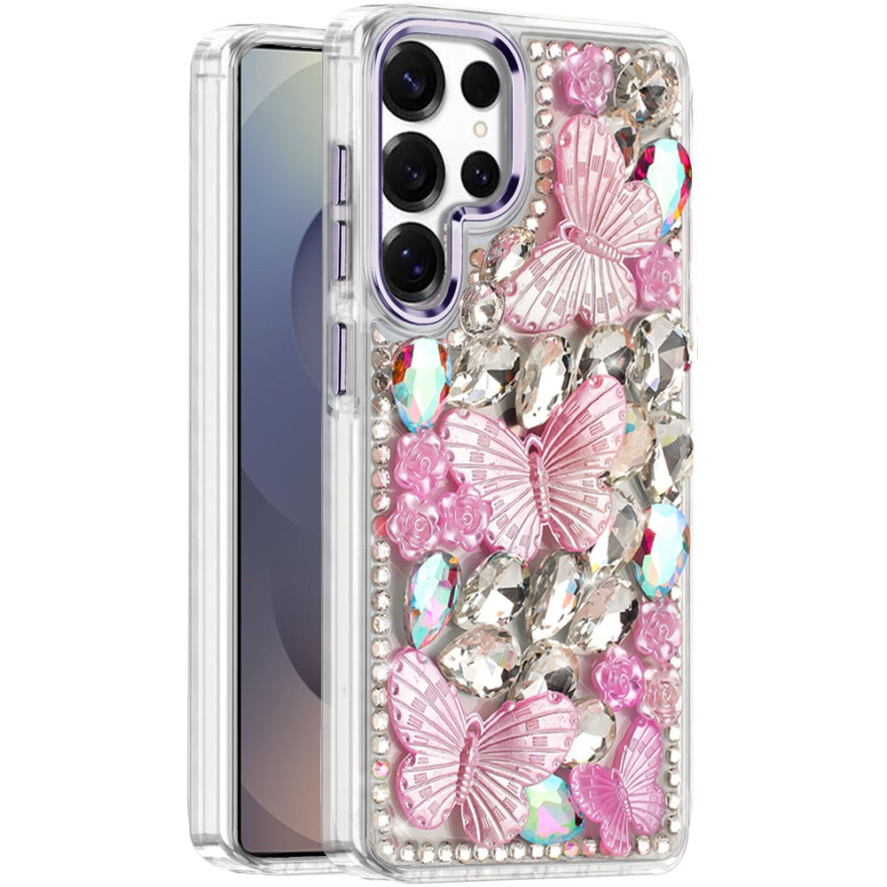 For Samsung Galaxy S24 Ultra 3D Diamond Floral Butterfly Bling Stone Hybrid, Sparkly Rhinestone Gemstone Back Shockproof Case Cover