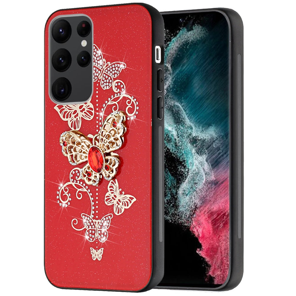 For Samsung Galaxy S24 FE Diamonds 3D Butterfly Bling Sparkly Glitter Ornaments Engraving Hybrid Metal Fashion Case Cover Red Garden Butterflies