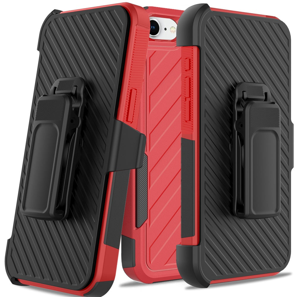 For Apple iPhone 17E /16E Rugged 2in1 Armor Combo Belt Clip Holster, Non-Slip Tough Hybrid lined Shockproof Case Case Cover Red+Black