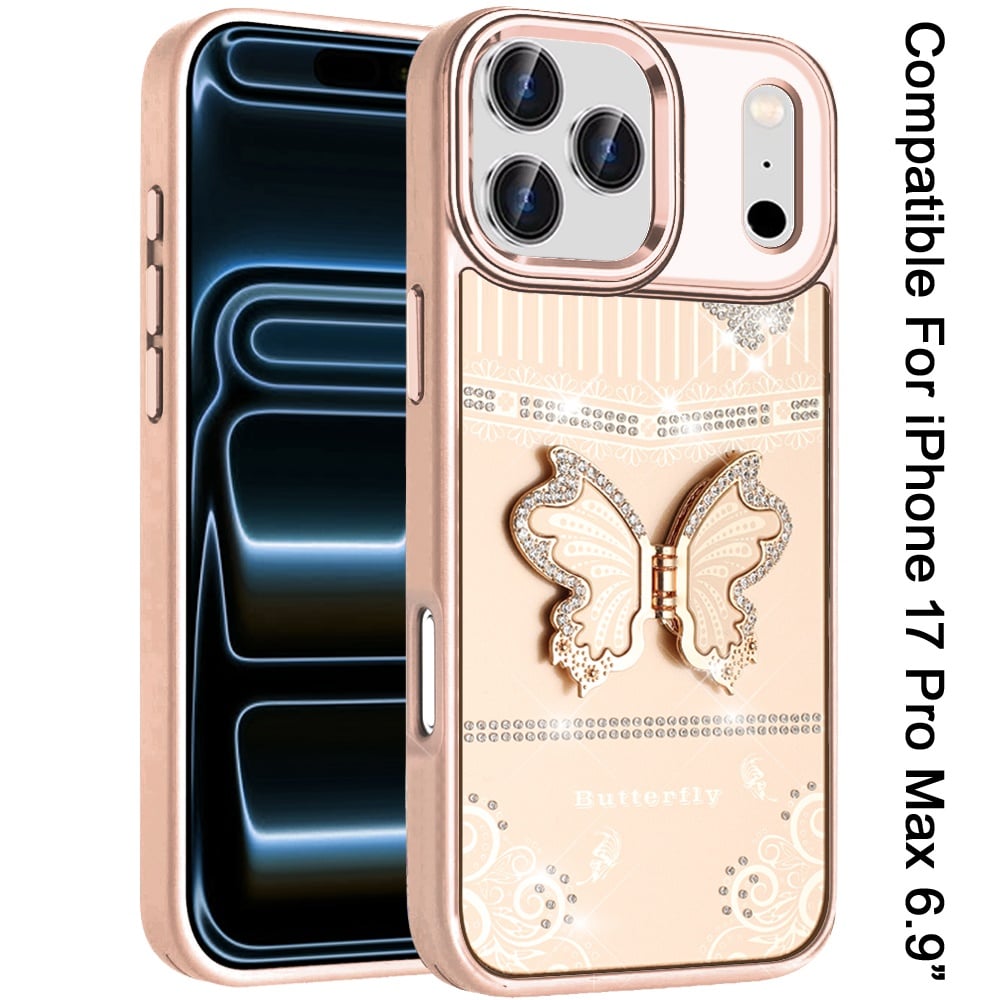 Phone Case for Apple iPhone 17 Pro Max (6.9") Glitter Bling Butterfly Stand Metallic Edge Hybrid Shockproof Grip Durable Camera Protection Stylish Design Cover