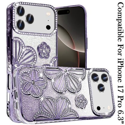 For Apple iPhone 17 Pro (6.3") Luxury Flower Design Sparkle Glitter Diamond Rhinestone Shimmer Bling Plating Thick TPU Hard PC Case Cover