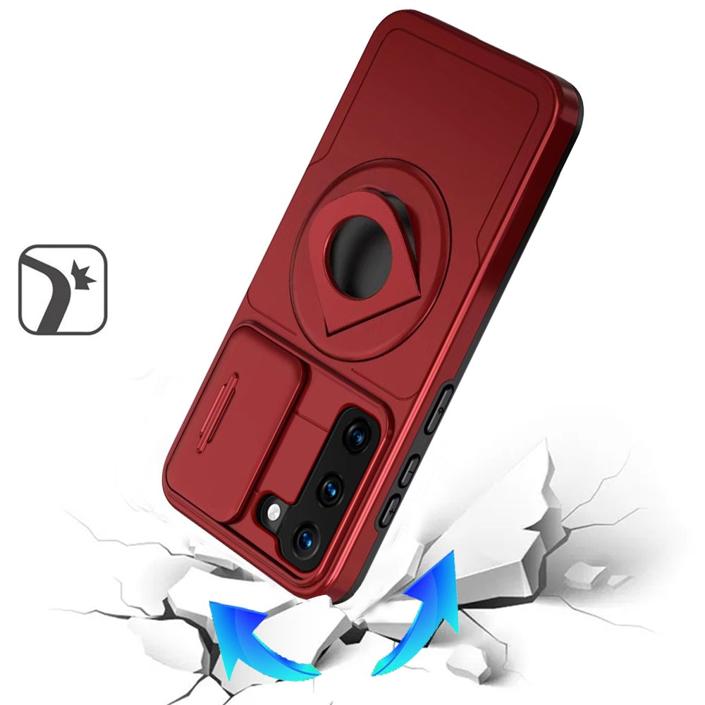 For Samsung Galaxy S21 FE /Fan Edition Full Coverage with Camera Window, Magnetic Circle, Rotatable Ring Stand, MagSafe Compatible, Shockproof Hybrid Protectiv Case Cover Red