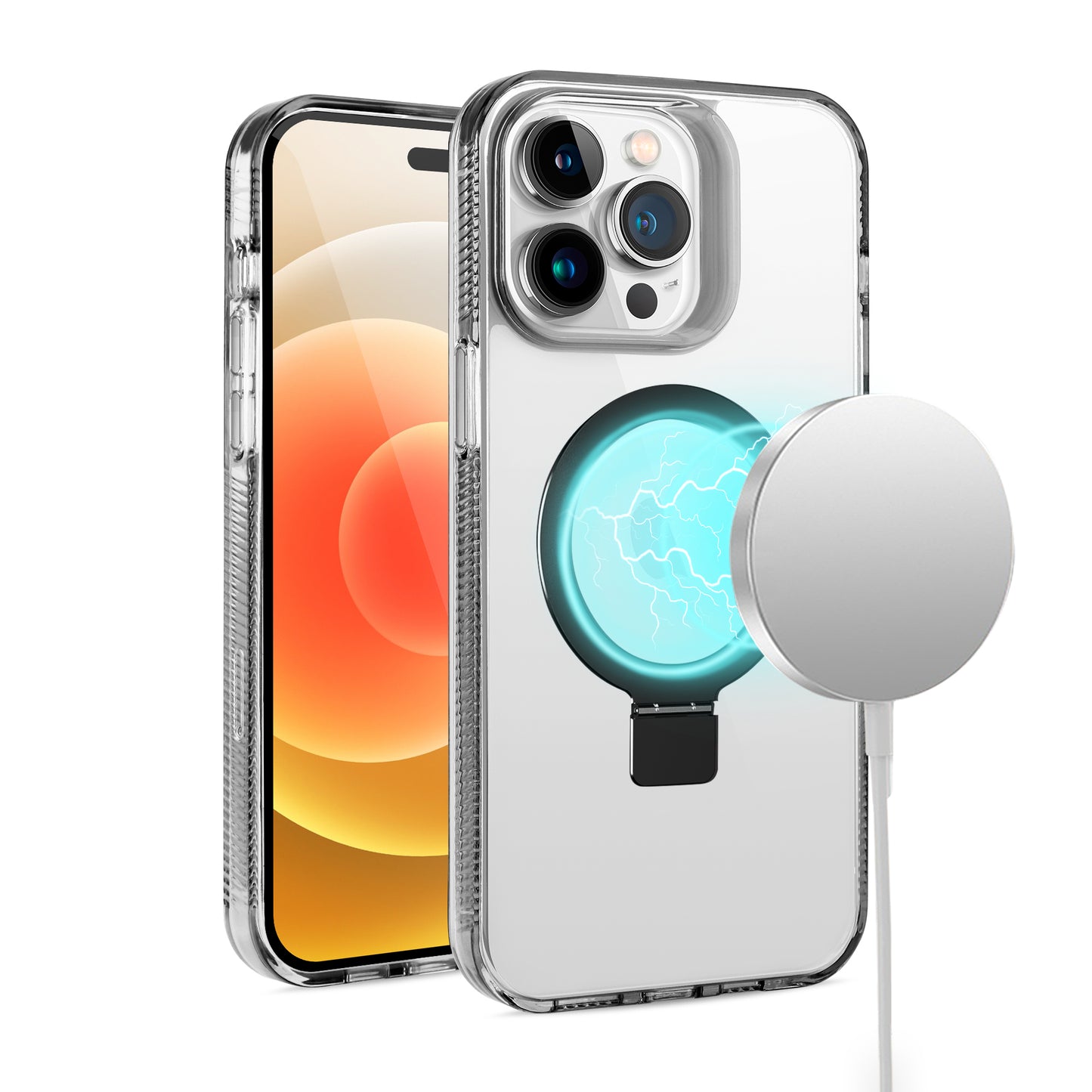 For Apple iPhone 16 Pro (6.3") Transparent HQ Magnetic Ring Circle Stand with MagSafe Compatible Hybrid Dotted Edged Case Cover Black