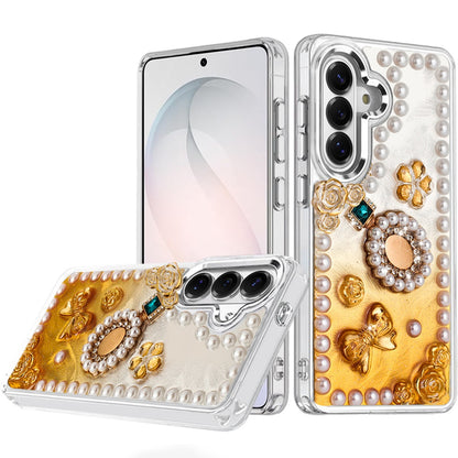 For Samsung Galaxy A17 5G Bling Fashion Design with 3D Pearls Epoxy Glitter Ornaments Chrome Edge Hard Slim PC Case Cover Fashion Yellow