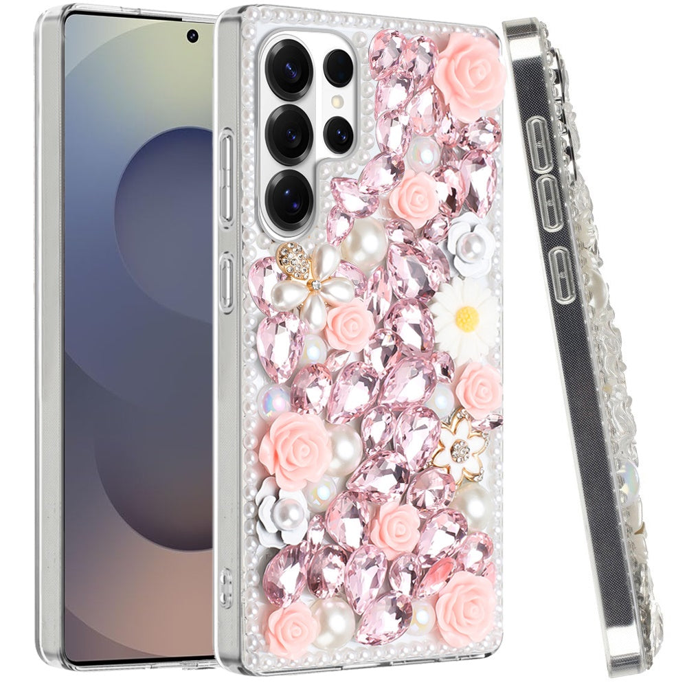 For Samsung Galaxy S26 Ultra Fashion Rose Flower Floral, 3D Bling Crystal Full Diamonds Pearl Sparkle Rhinestone Glitter Hybrid Case Cover