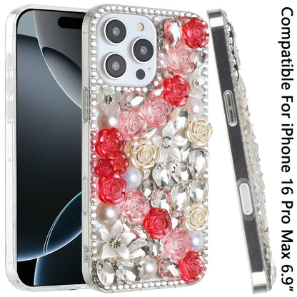 For iPhone 16 Pro Max (6.9") Fashion Rose Flower Floral, 3D Bling Crystal Full Diamonds Pearl Sparkle Rhinestone Glitter Hybrid Case Cover Gold