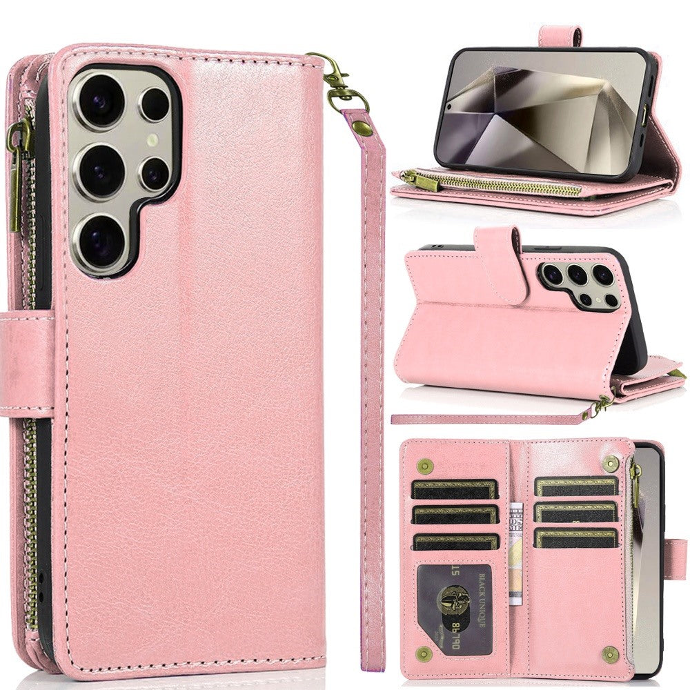 For Samsung Galaxy S25 /S24 Leather Wallet Case with Zipper, 9 Card Slots, Cash Pocket, Stand & Strap, Clutch Pouch Design Case Cover Rose Gold
