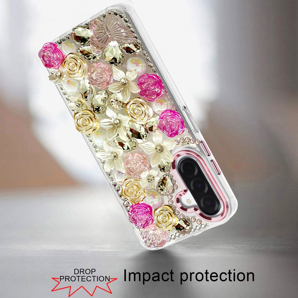 For Apple iPhone 17E /16E 3D Diamond Floral Roses Flower Bling Stone Hybrid, Sparkly Rhinestone Gemstone Back Shockproof Case Cover