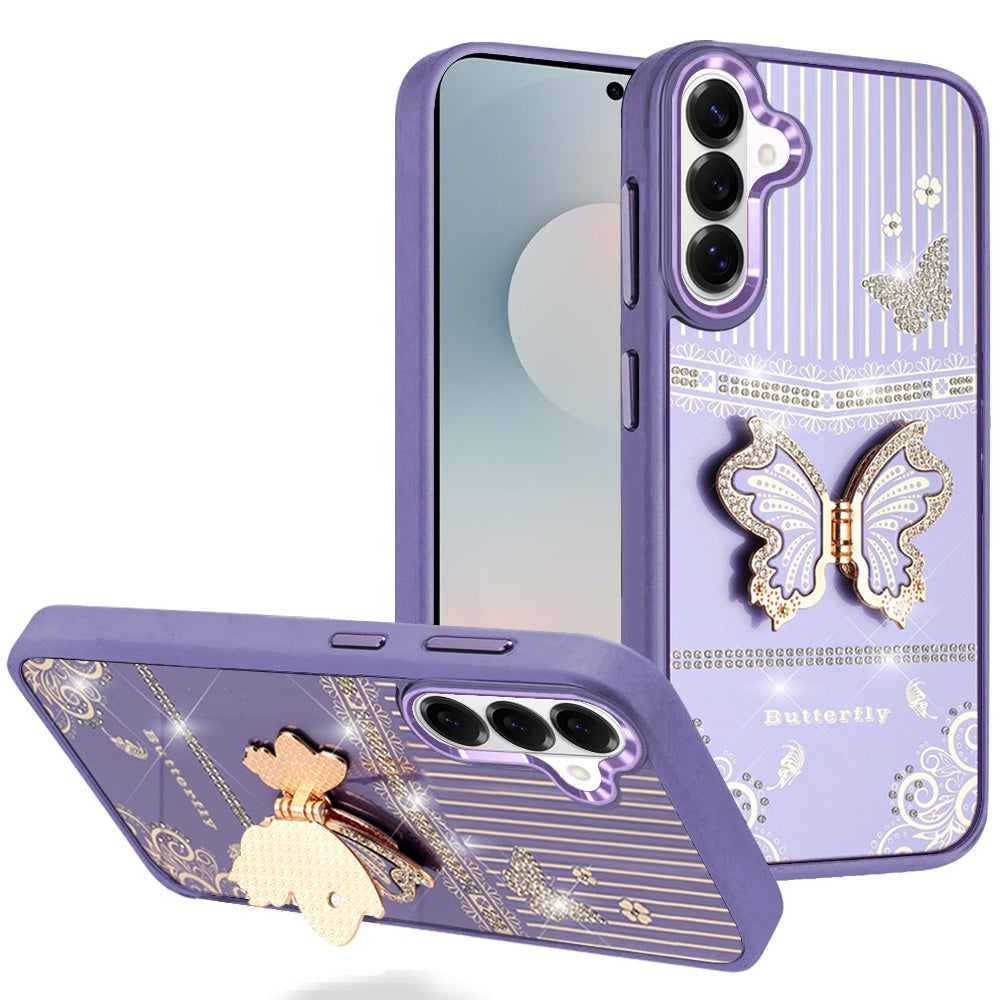 For Apple iPhone 17E /16E Glitter 3D Butterfly Design Bling Metallic Edge Hybrid Stand Drop Protection TPU Shockproof Case Cover Dark Purple