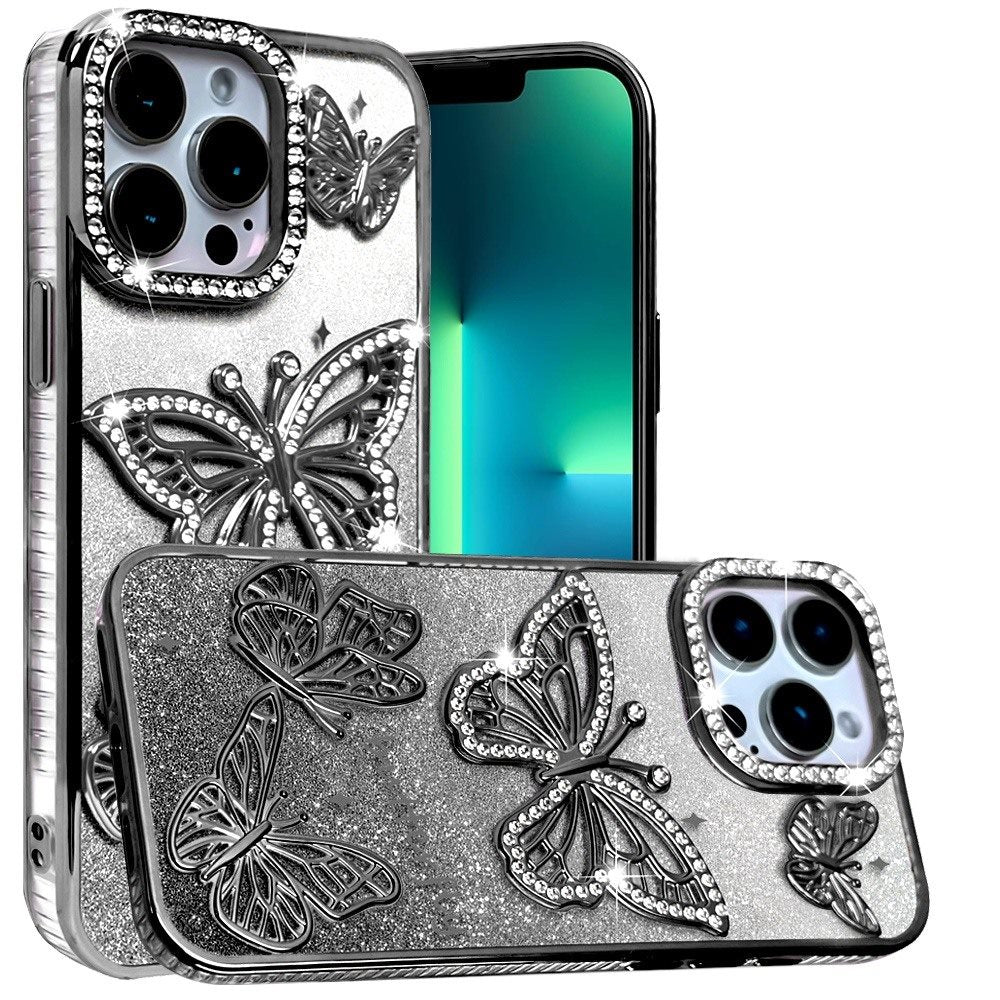 For Apple iPhone 13 Pro Luxury Butterfly Sparkle Glitter Diamond Crystal Rhinestone Shimmer Bling Plating Thick TPU Hard PC Case Cover