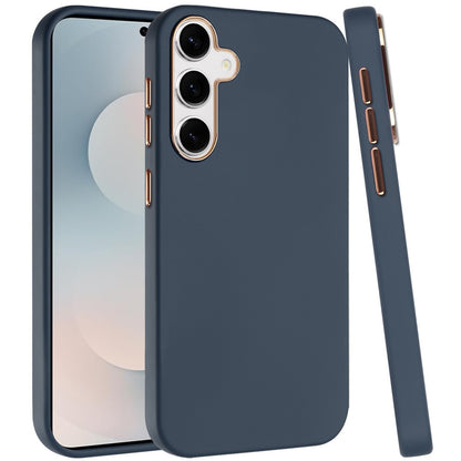 For Samsung Galaxy S25 FE /S25 Fan Edition Slim Classic Hybrid Around Rubber Gummy Gel Slick Hard PC Silicone TPU Chromed Button Case Cover Dark Blue