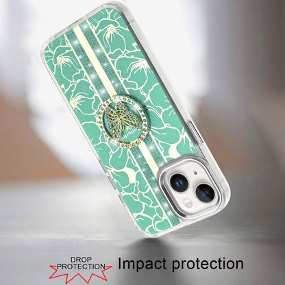 For Apple iPhone 15 Diamonds 3D Butterfly Floral Design Bling Sparkly Glitter Hybrid Metal Fashion with Ring Stand Case Cover