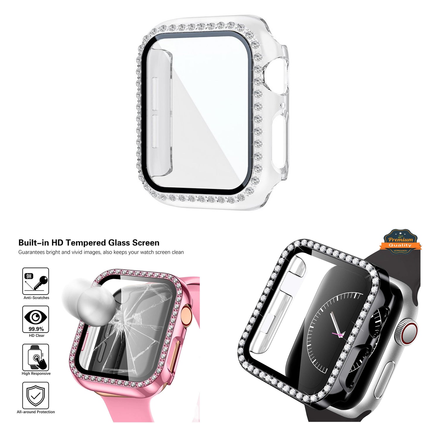 For Apple Watch Size 46mm Luxury Bling Cover Diamond Electroplate Rhinestone Bumper Protective Frame with Tempered Glass Screen Protector Case Cover