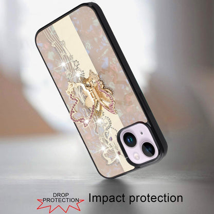 For iPhone 14/13 (6.1") Diamonds 3D Butterfly Bling Sparkly Glitter Ornaments Engraving Hybrid Metal Fashion Case Cover Good Luck Floral Cosmic Orange