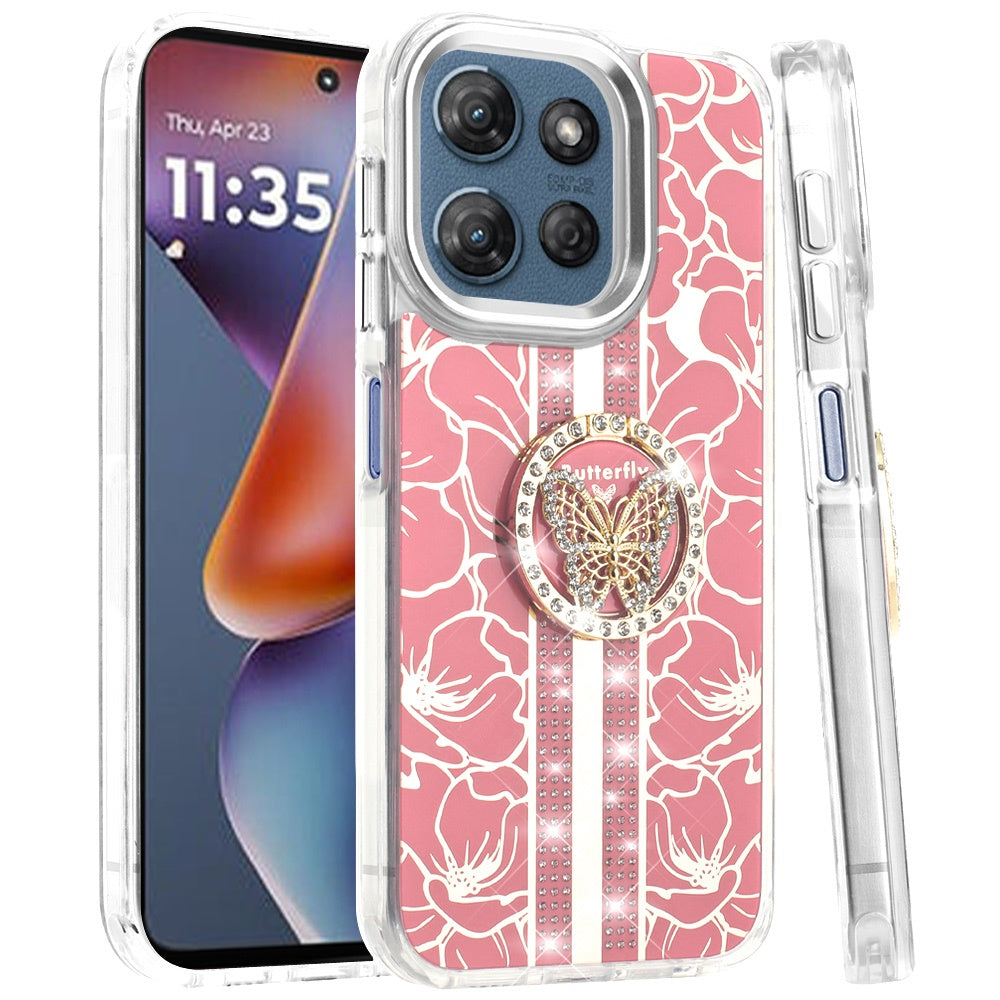 For Motorola Moto G 5G 2025 Diamonds 3D Butterfly Floral Design Bling Sparkly Glitter Hybrid Metal Fashion with Ring Stand Case Cover Light Pink