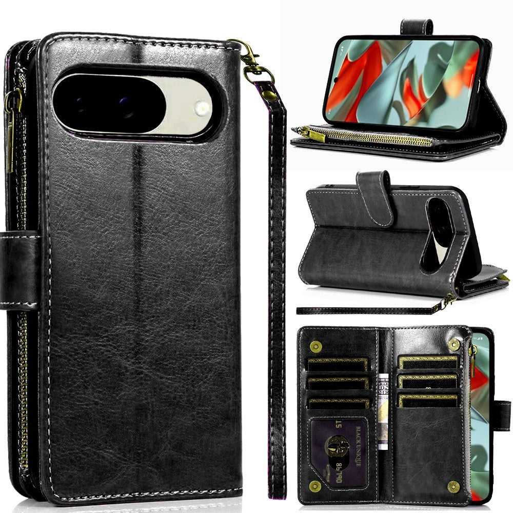 For Google Pixel 9 Pro XL Leather Wallet Case with Zipper, 9 Card Slots, Cash Pocket, Stand & Strap, Clutch Pouch Design Case Cover Black