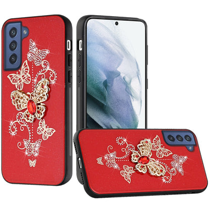 For Samsung Galaxy S22+ / S22 Plus Diamonds 3D Butterfly Bling Sparkly Glitter Ornaments Engraving Hybrid Metal Fashion Case Cover Red Garden Butterflies