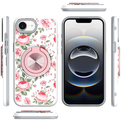 For Apple iPhone 16e Pattern Design Hybrid with Invisible Ring Stand & Magnetic Back, Shockproof Protective Grip Case Cover Red Flowers