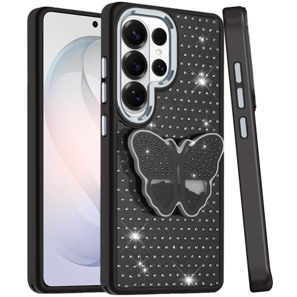 For Samsung Galaxy S26 Ultra Butterfly Moveable Grip 3D Pop Stand Full Diamond Bling Sparkling TPU Fashion Hybrid Case Cover
