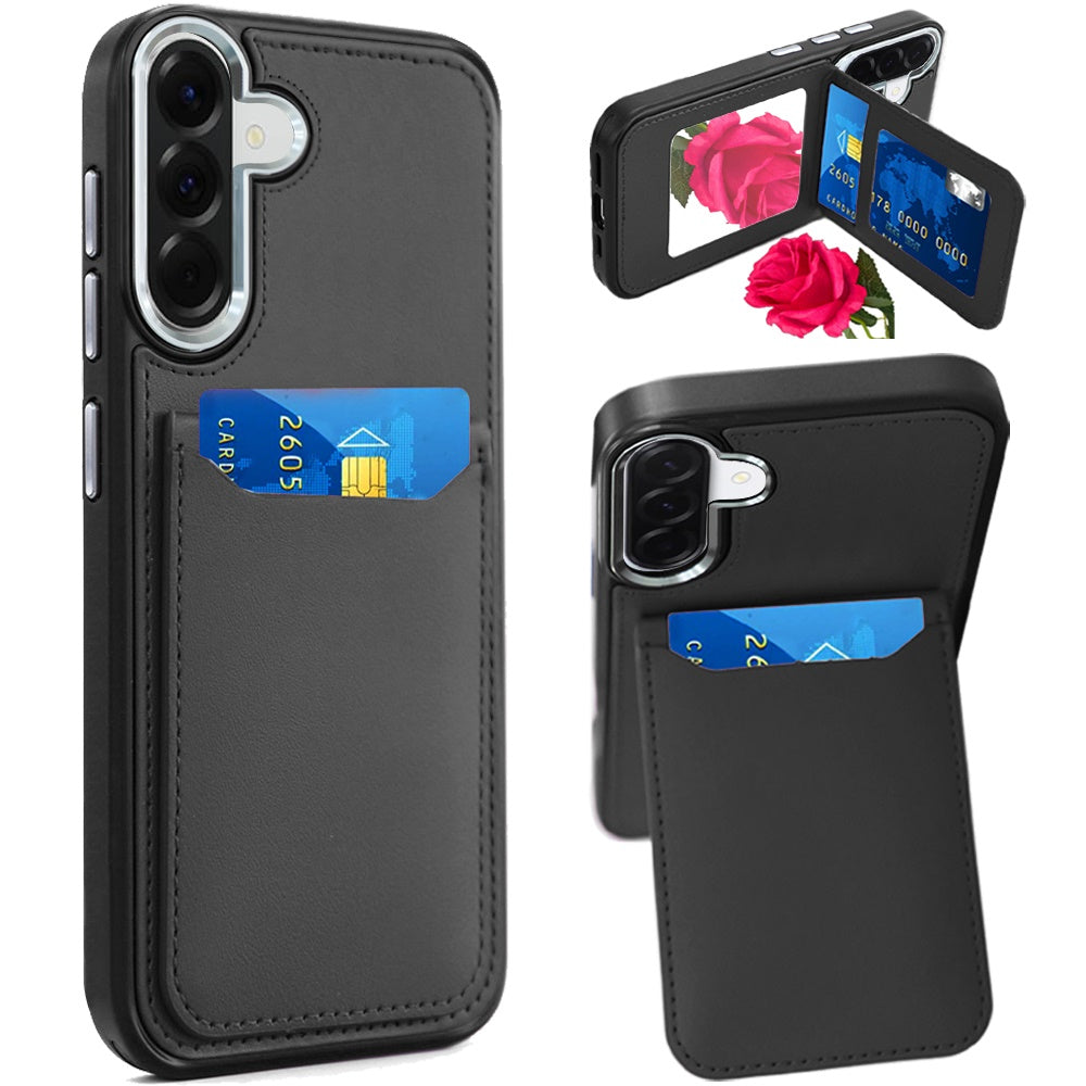 For Samsung Galaxy A37 PU Leather Wallet Cover with Credit Card Holder, Kickstand & Mirror Inside Slim Fit TPU & PC Hybrid Design Case Cover