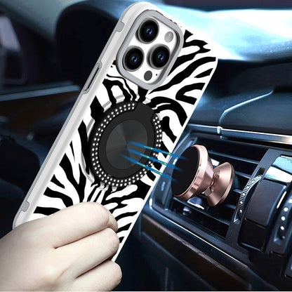 For Apple iPhone 16e Pattern Design Hybrid with Invisible Ring Stand & Magnetic Back, Shockproof Protective Grip Case Cover Zebra