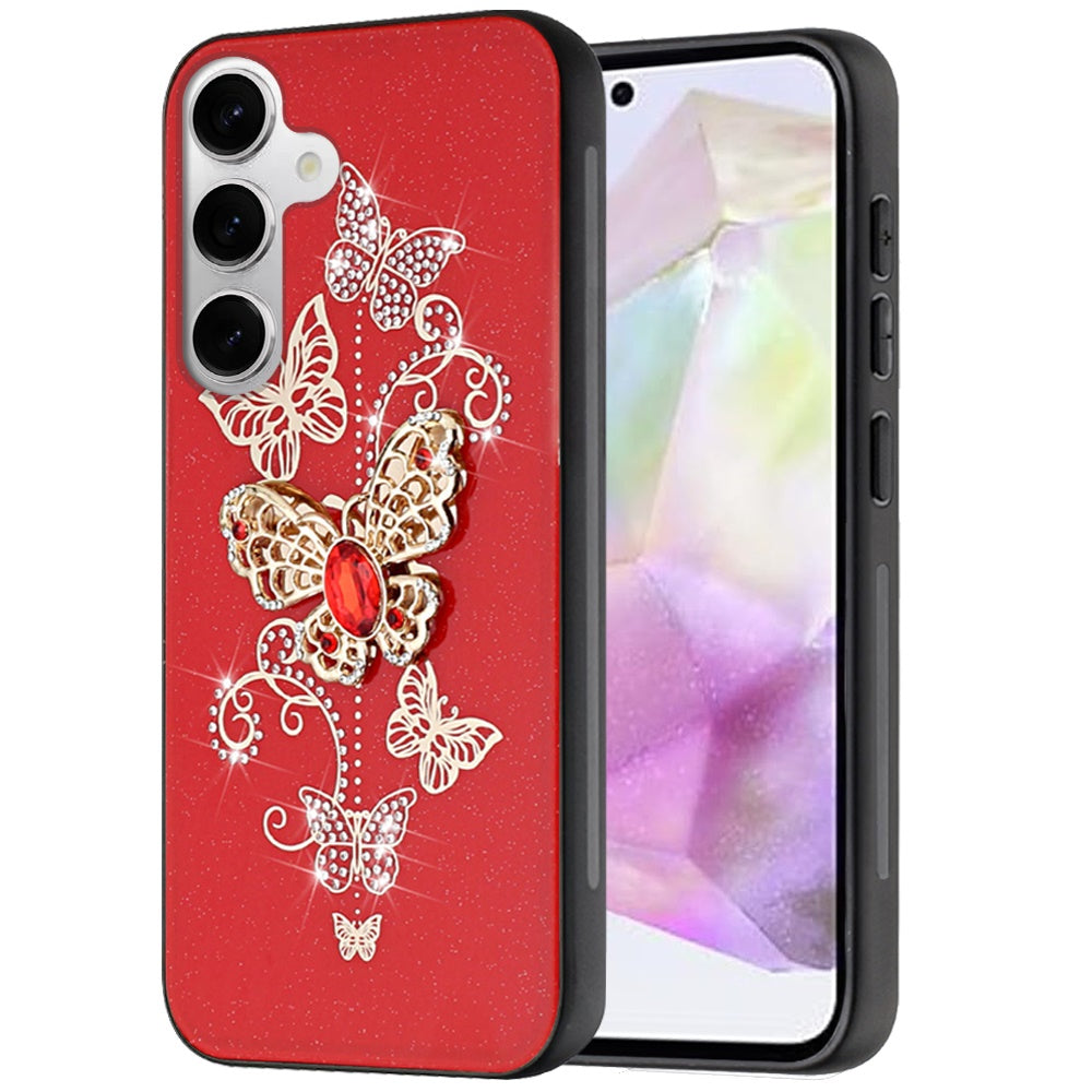 For Samsung Galaxy Z Fold 7 Diamonds 3D Butterfly Bling Sparkly Glitter Ornaments Engraving Hybrid Metal Fashion Case Cover Red Garden Butterflies