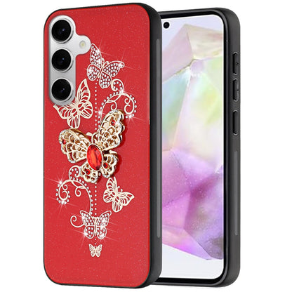 For Samsung Galaxy Z Flip 7 FE Diamonds 3D Butterfly Bling Sparkly Glitter Ornaments Engraving Hybrid Metal Fashion Case Cover Red Garden Butterflies