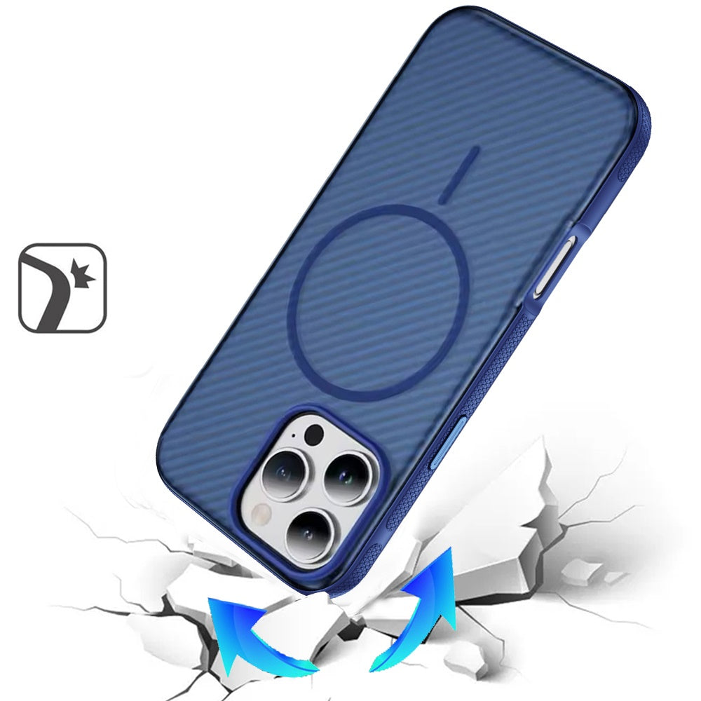 Phone Case for Apple iPhone 16 Pro Max Shockproof Magnetic Carbon Fiber Texture Metallic Button Rugged Grip Anti Fingerprint Heavy Duty Hybrid Armor Cover Blue