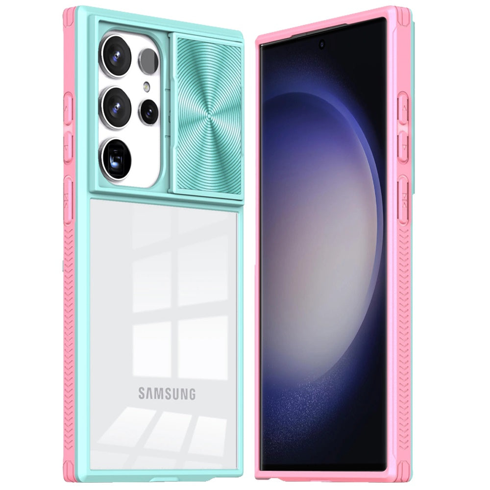 For Samsung Galaxy S24 Ultra Hybrid Cases with Sliding Camera Cover Transparent Shockproof Bumper TPU Protective Case Cover Pink/Blue
