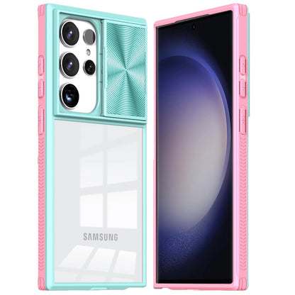 For Samsung Galaxy S24 Ultra Hybrid Cases with Sliding Camera Cover Transparent Shockproof Bumper TPU Protective Case Cover Pink/Blue