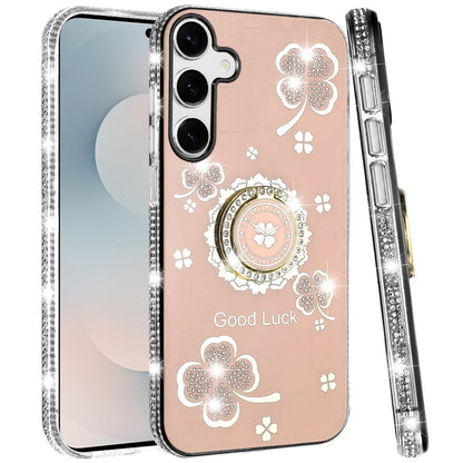 For Samsung Galaxy S26 Diamonds Bling All Around Edges Sparkly Glitter Hybrid with Ring Stand Holder Fashion Good Luck Case Cover