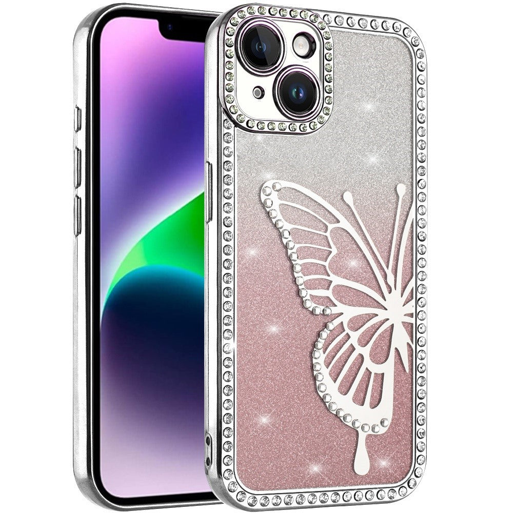 For Apple iPhone 16 (6.1") Butterfly Glitter Diamond Shimmer Hybrid Slim & Stylish Electroplated Sparkly Bling Shockproof TPU Protective Case Cover