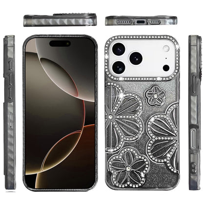 For Apple iPhone 17 Pro (6.3") Luxury Flower Design Sparkle Glitter Diamond Rhinestone Shimmer Bling Plating Thick TPU Hard PC Case Cover