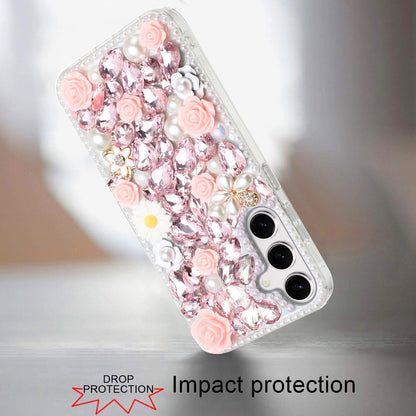 For Apple iPhone 17E /16E Fashion Rose Flower Floral, 3D Bling Crystal Full Diamonds Pearl Sparkle Rhinestone Glitter Hybrid Case Cover Pink