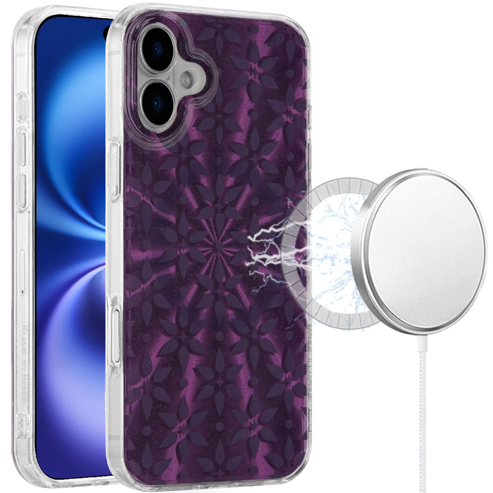 For Apple iPhone 17 Stylish Pattern Fashion IMD Printed Design TPU Double Layer Slim Shockproof with Magnetic Back Case Cover Flowers Mandala Purple