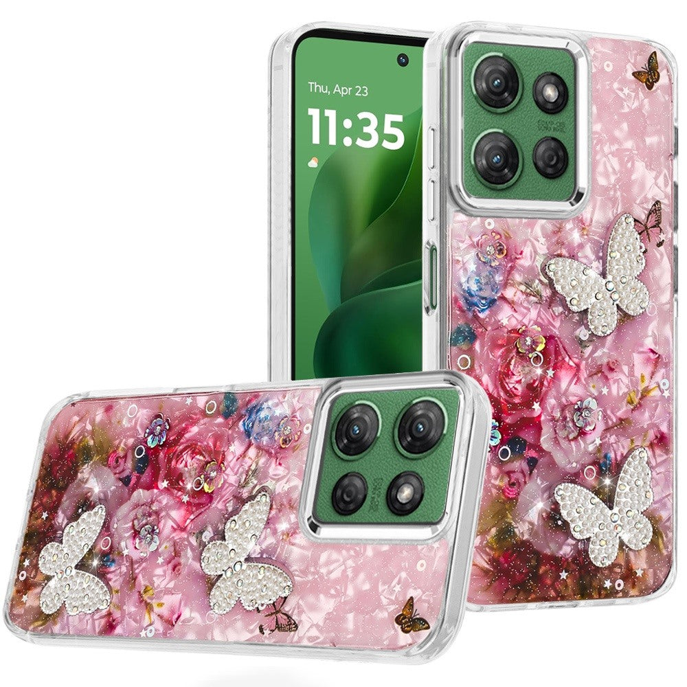 For Motorola Moto G 5G 2025 Epoxy Glitter Flowers Bling 3D Butterfly Fashion TPU Hybrid with Shockproof Protection Case Cover