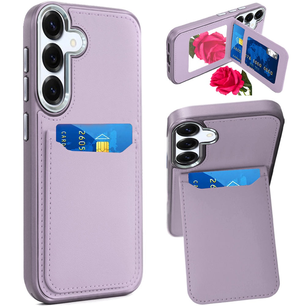For Samsung Galaxy A16 PU Leather Wallet Cover with Credit Card Holder, Kickstand & Mirror Inside Slim Fit TPU & PC Hybrid Design Case Cover