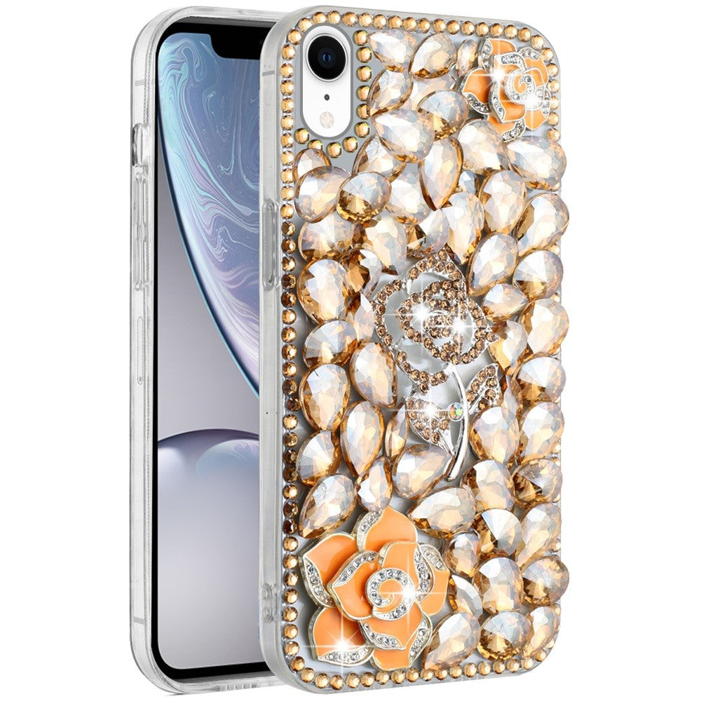 Phone Case for Apple iPhone XR 3D Floral Diamond Bling Glitter Luxury Sparkle Hybrid Stylish Rhinestone Shockproof Protective Designer Cover Gold