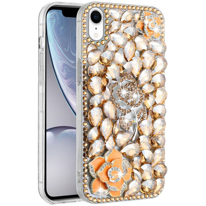 Phone Case for Apple iPhone XR 3D Floral Diamond Bling Glitter Luxury Sparkle Hybrid Stylish Rhinestone Shockproof Protective Designer Cover Gold