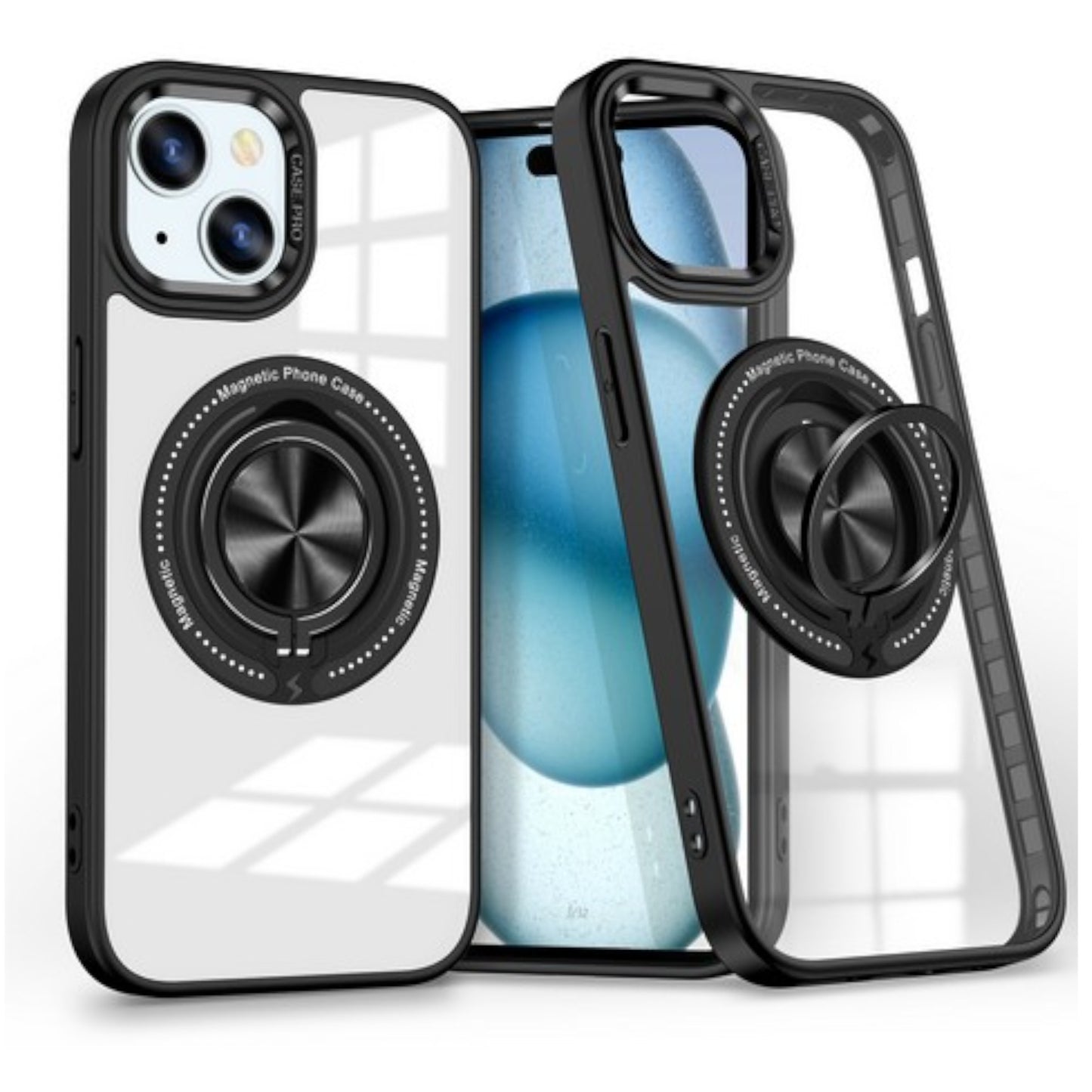 For Apple iPhone 17 Clear Transparent Back Hybrid with Rotating Ring Stand, MagSafe Compatible Shockproof Slim TPU PC Case Cover