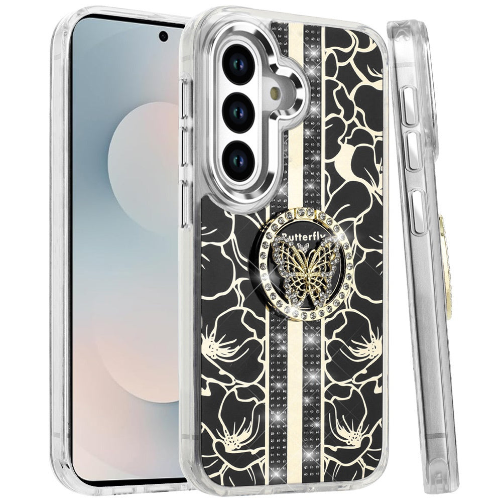 For Samsung Galaxy S26+ / S26 Plus Diamonds 3D Butterfly Floral Design Bling Sparkly Glitter Hybrid Metal Fashion with Ring Stand Case Cover