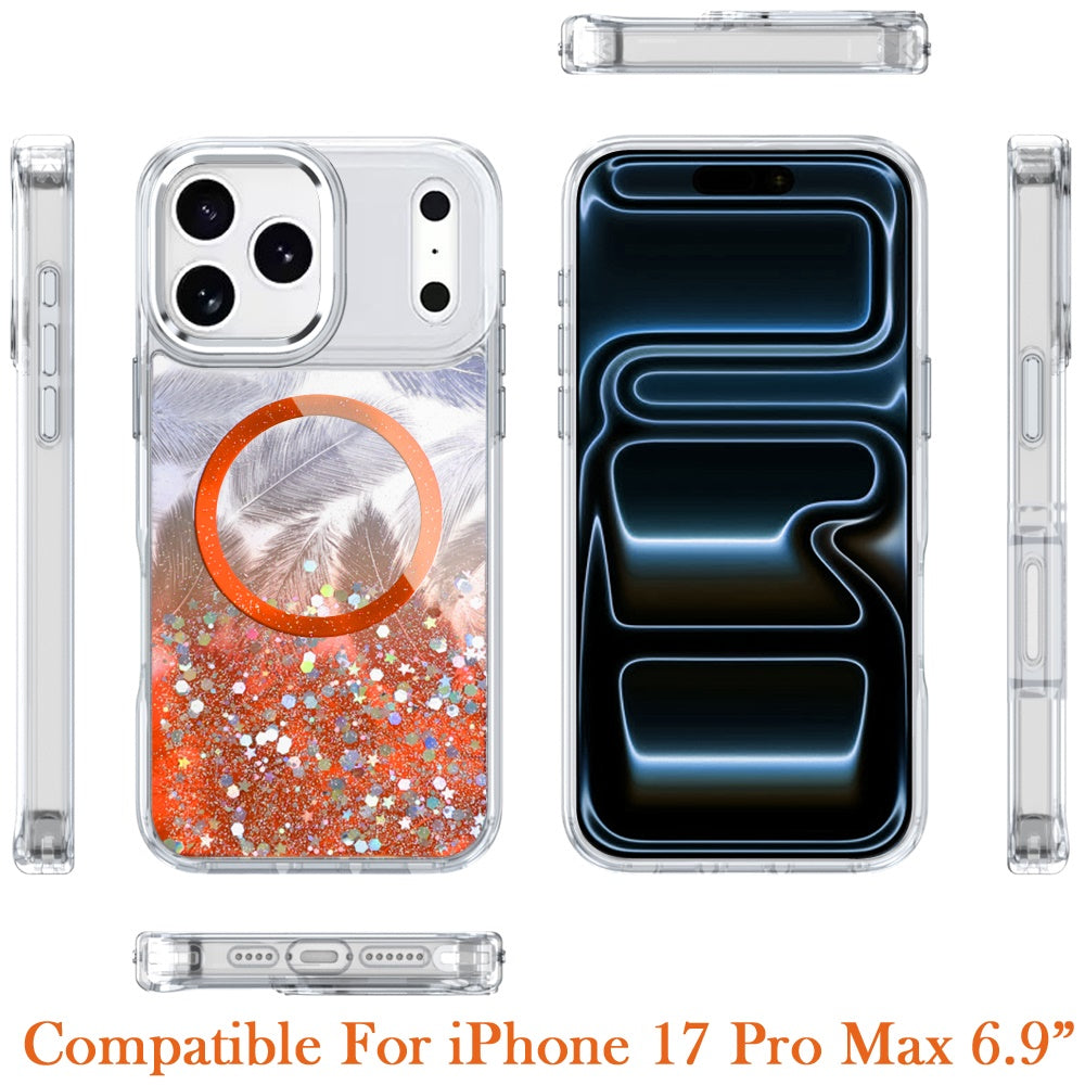 For Apple iPhone 17 Pro Max (6.9") Epoxy Glitter Shimmer Fashion Case with Magnetic Magsafe Compatible Hybrid Sparkling Slim Protective Case Cover Cosmic Orange