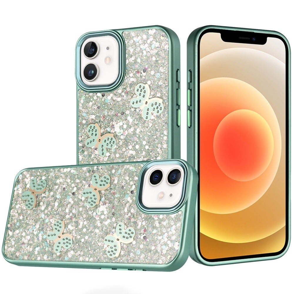 For iPhone 12 / iPhone 12 Pro (6.1") Cute Butterfly Crystal Diamond Glitter Case Sparkle Bling Frame Metallic Edges, Shimmer TPU Hybrid Case Cover